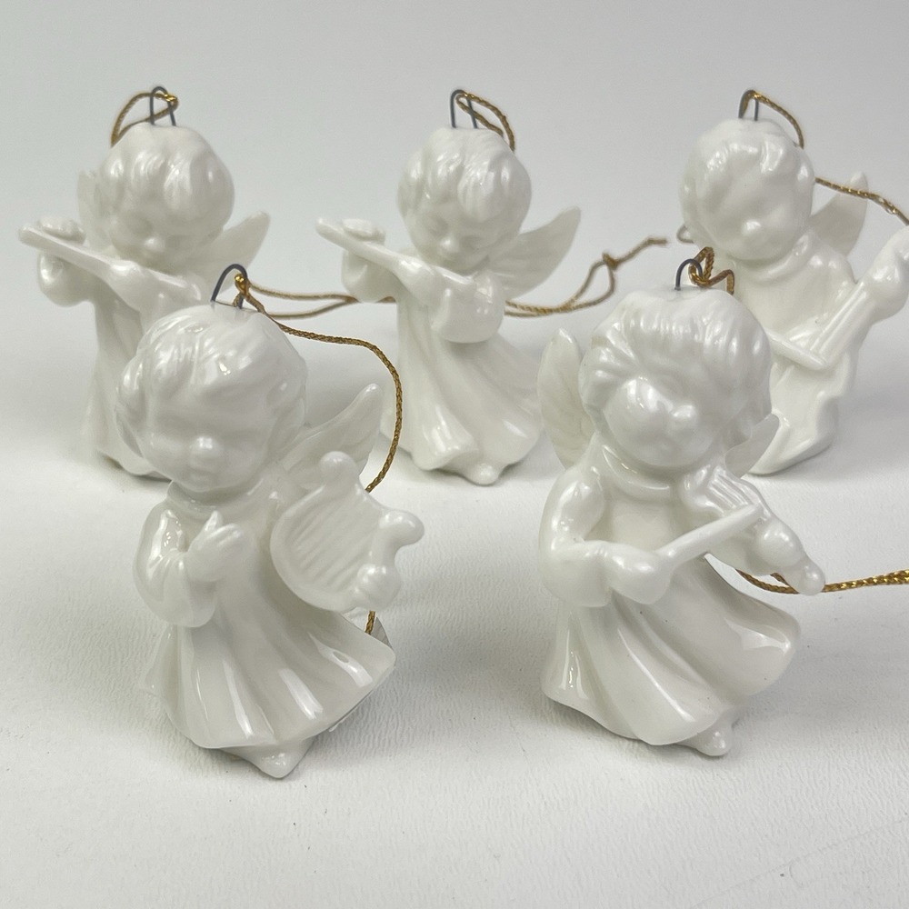Schmid 5 Angels with Musical Instruments Christmas Ornaments White Japan